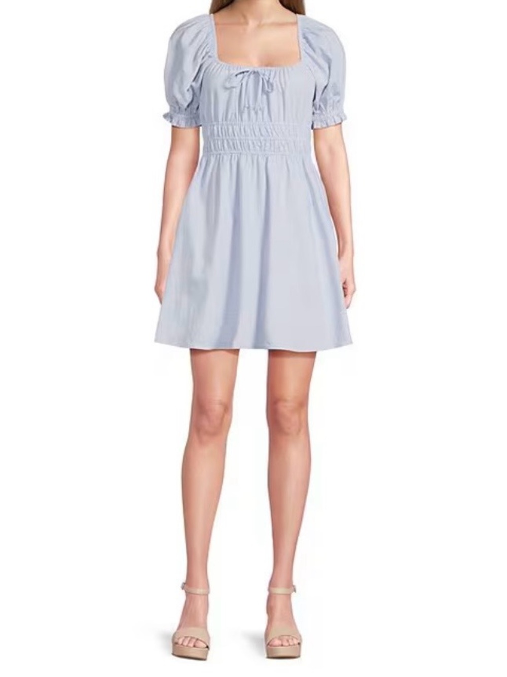 Light Blue Linen Puff-Sleeve Smocked Waist Dress